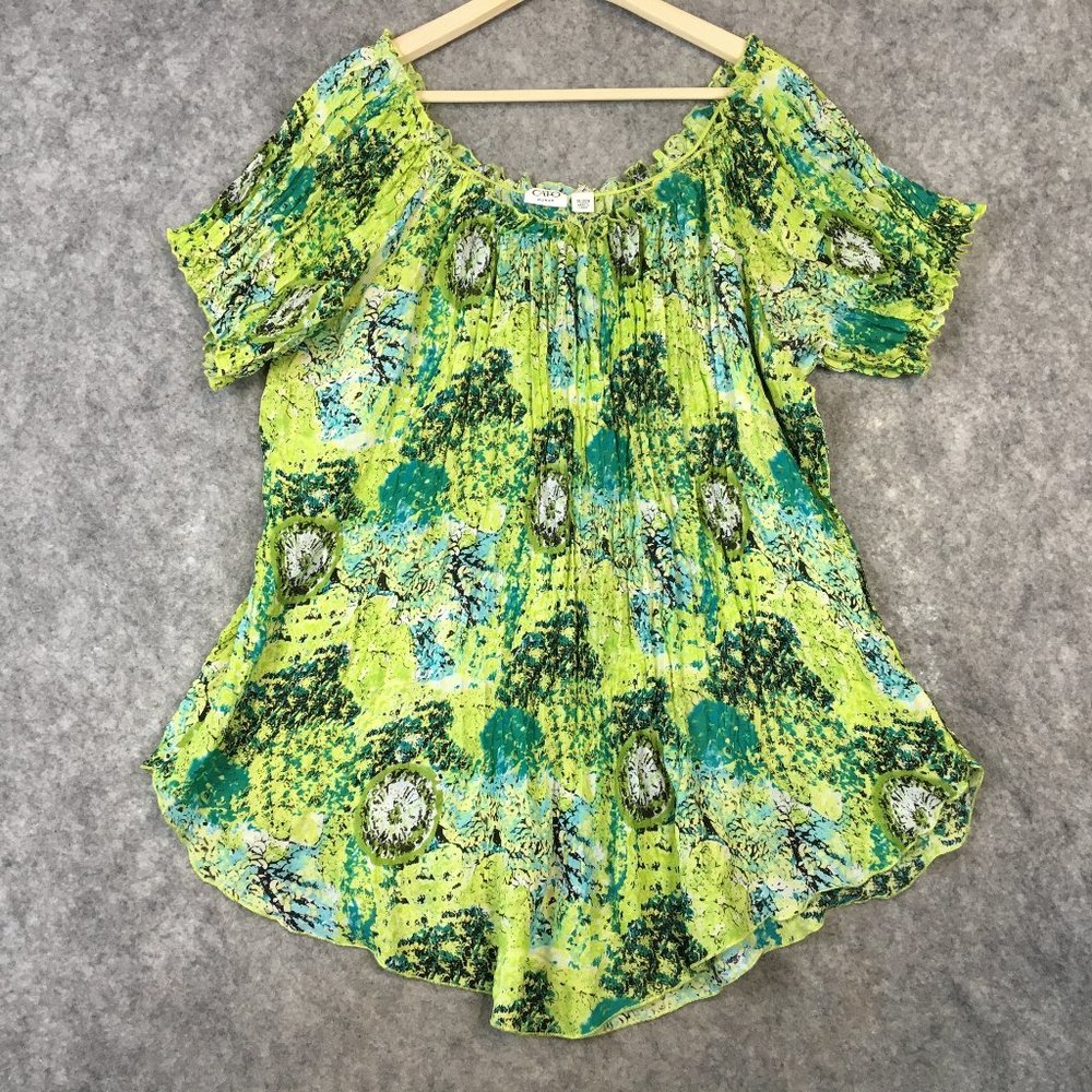 Cato Top 18 20W Green Floral Print Accordion Pleated Short Sleeve Career Casual